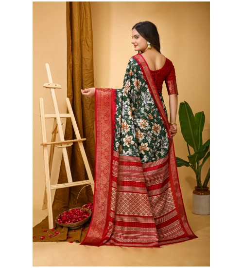 Women's Soft Dola Cotton Kalamkari Printed Saree With Unstitched Blouse 5.5Mtr (Green)