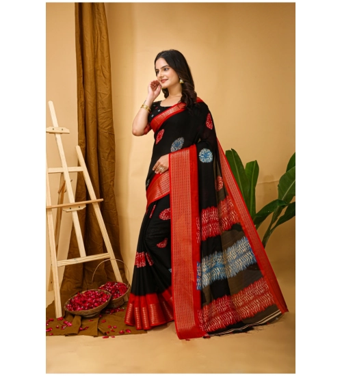 Women's Soft Blooming Marshmallow Fabric Kalamkari Printed Saree With Unstitched Blouse 5.5Mtr (Black)