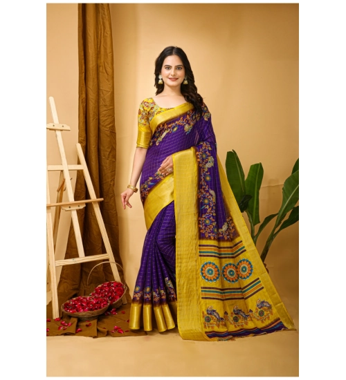 Women's Soft Dola Cotton Kalamkari Printed Saree With Unstitched Blouse 5.5Mtr (Purple)