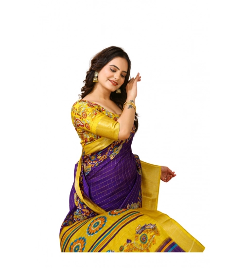 Women's Soft Dola Cotton Kalamkari Printed Saree With Unstitched Blouse 5.5Mtr (Purple)