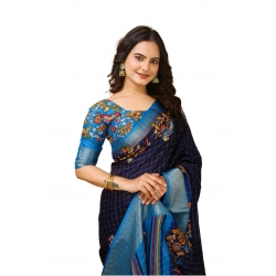 Women's Soft Dola Cotton Kalamkari Printed Saree With Unstitched Blouse 5.5Mtr (Navy Blue)