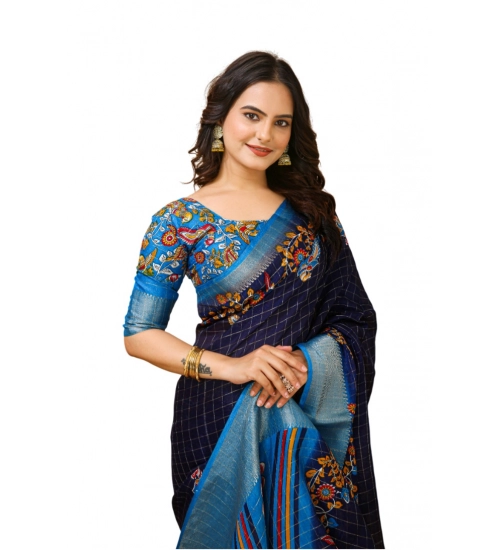 Women's Soft Dola Cotton Kalamkari Printed Saree With Unstitched Blouse 5.5Mtr (Navy Blue)