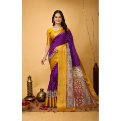 Women's Soft Dola Cotton Kalamkari Printed Saree With Unstitched Blouse 5.5Mtr (Purple)