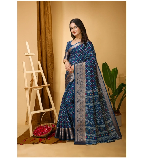 Women's Soft Dola Cotton Kalamkari Printed Saree With Unstitched Blouse 5.5Mtr (Blue)