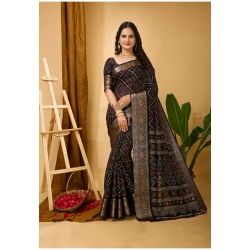 Women's Soft Dola Cotton Kalamkari Printed Saree With Unstitched Blouse 5.5Mtr (Black)