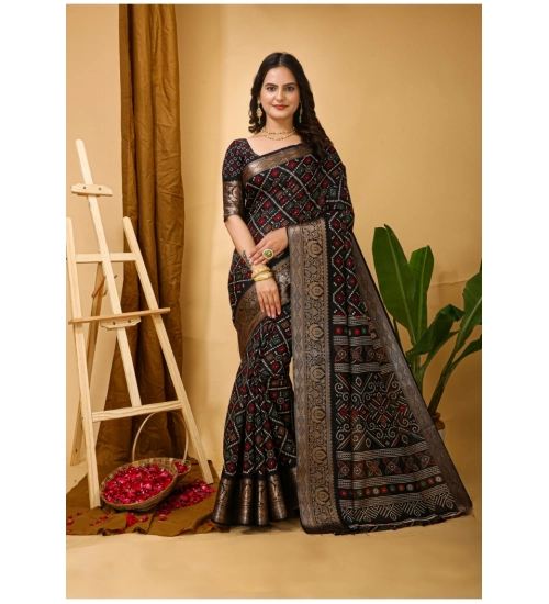 Women's Soft Dola Cotton Kalamkari Printed Saree With Unstitched Blouse 5.5Mtr (Black)