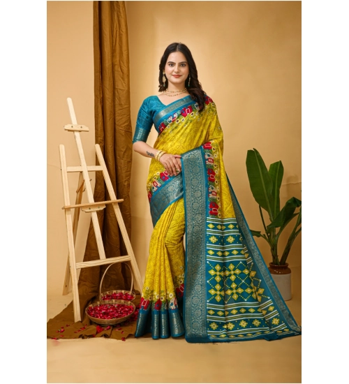 Women's Soft Dola Cotton Kalamkari Printed Saree With Unstitched Blouse 5.5Mtr (Yellow)