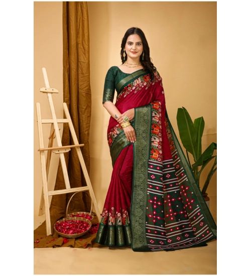 Women's Soft Dola Cotton Kalamkari Printed Saree With Unstitched Blouse 5.5Mtr (Red)