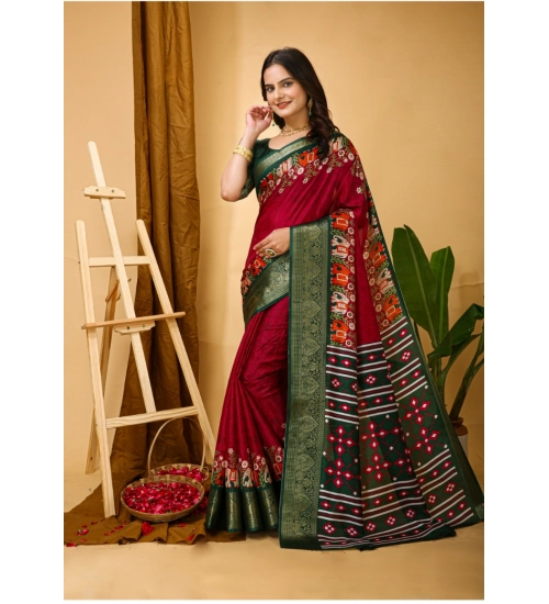 Women's Soft Dola Cotton Kalamkari Printed Saree With Unstitched Blouse 5.5Mtr (Red)