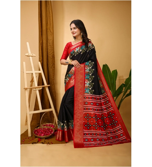 Women's Soft Dola Cotton Kalamkari Printed Saree With Unstitched Blouse 5.5Mtr (Black)