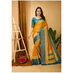 Women's Soft Dola Cotton Kalamkari Printed Saree With Unstitched Blouse 5.5Mtr (Yellow)