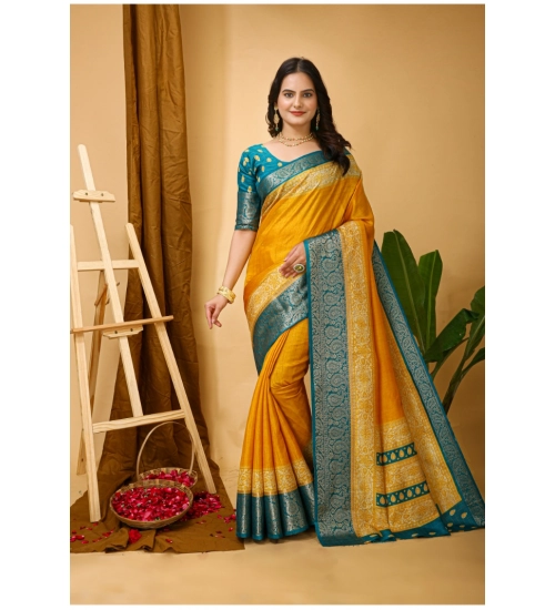 Women's Soft Dola Cotton Kalamkari Printed Saree With Unstitched Blouse 5.5Mtr (Yellow)
