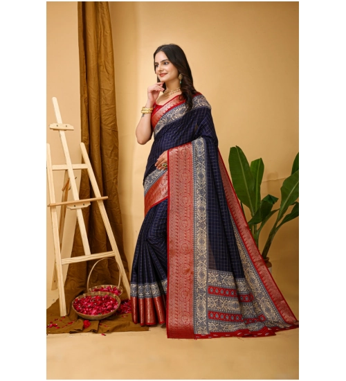 Women's Soft Dola Cotton Kalamkari Printed Saree With Unstitched Blouse 5.5Mtr (Navy Blue)