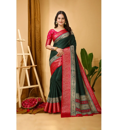 Women's Soft Dola Cotton Kalamkari Printed Saree With Unstitched Blouse 5.5Mtr (B.Green)