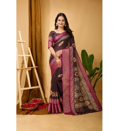 Women's Soft Blooming Marshmallow Fabric Kalamkari Printed Saree With Unstitched Blouse 5.5Mtr (Maroon)