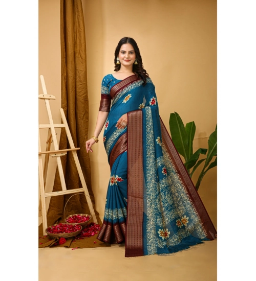Women's Soft Blooming Marshmallow Fabric Kalamkari Printed Saree With Unstitched Blouse 5.5Mtr (Blue)