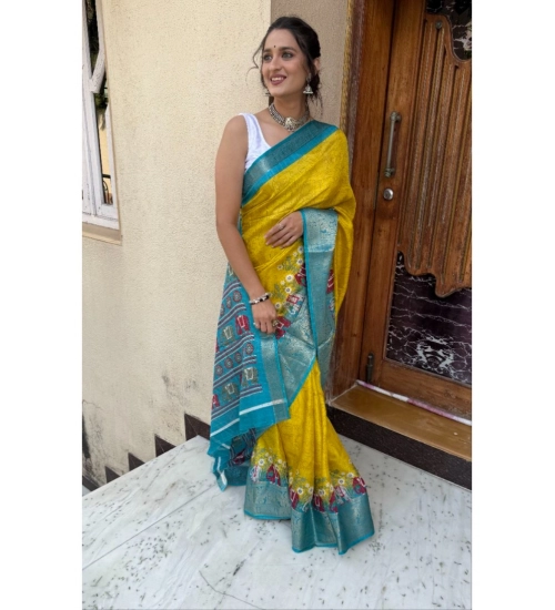 Women's Soft Dola Cotton Kalamkari Printed Saree With Unstitched Blouse 5.5Mtr (Mustard)