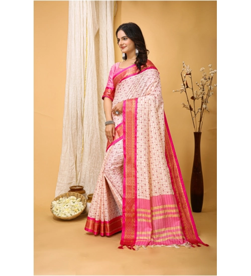 Women's Soft Cotton Silk Printed Saree With Unstitched Blouse 5.5Mtr (Pink)