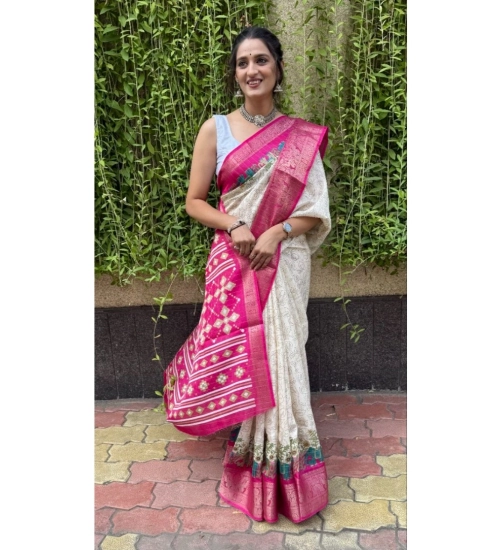 Women's Soft Dola Cotton Kalamkari Printed Saree With Unstitched Blouse 5.5Mtr (White)