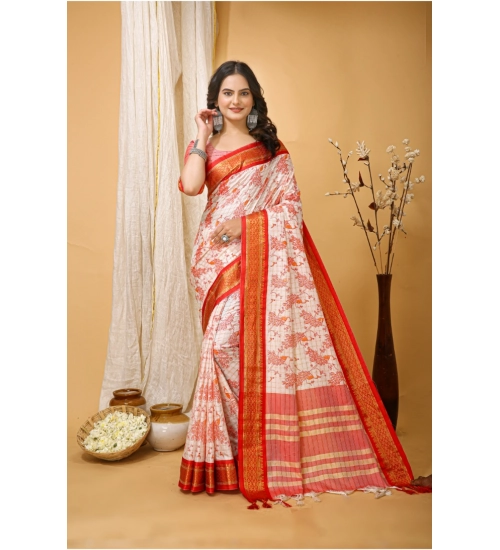 Women's Soft Cotton Silk Printed Saree With Unstitched Blouse 5.5Mtr (Red)