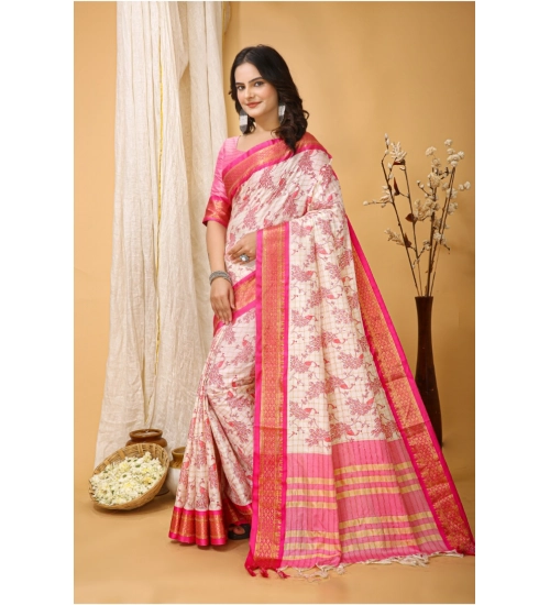 Women's Soft Cotton Silk Printed Saree With Unstitched Blouse 5.5Mtr (Pink)
