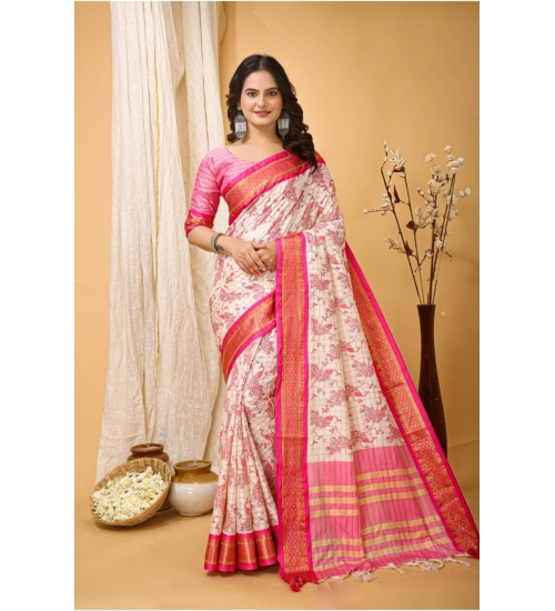 Women's Soft Cotton Silk Printed Saree With Unstitched Blouse 5.5Mtr (Pink)