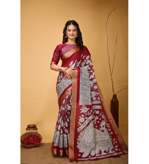 Women's Soft Handloom Cotton Kalamkari Printed Saree With Unstitched Blouse 5.5Mtr (Maroon)