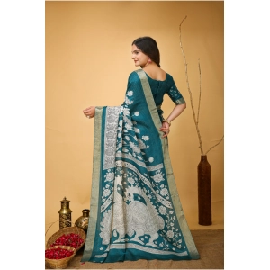 Generic Women's Soft Handloom Cotton Kalamkari Printed Saree With Unstitched Blouse 5.5Mtr (Turquoise)