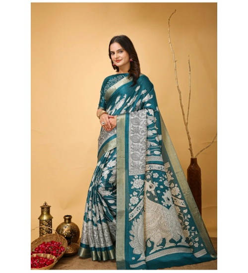 Women's Soft Handloom Cotton Kalamkari Printed Saree With Unstitched Blouse 5.5Mtr (Turquoise)