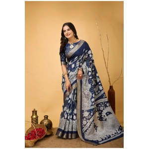 Generic Women's Soft Handloom Cotton Kalamkari Printed Saree With Unstitched Blouse 5.5Mtr (Blue)