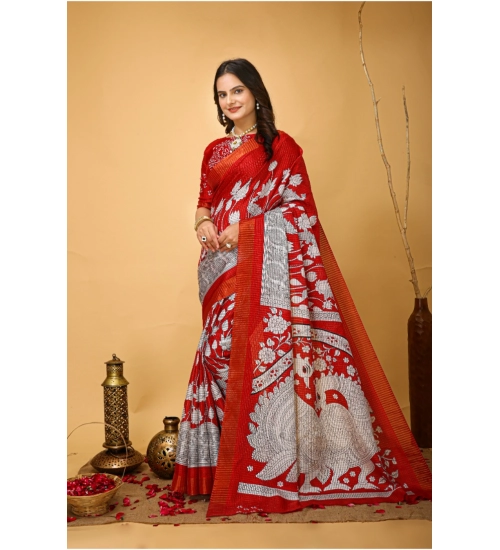 Women's Soft Handloom Cotton Kalamkari Printed Saree With Unstitched Blouse 5.5Mtr (Red)