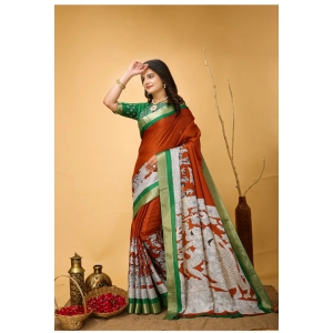 Generic Women's Soft Handloom Cotton Kalamkari Printed Saree With Unstitched Blouse 5.5Mtr (Orange)