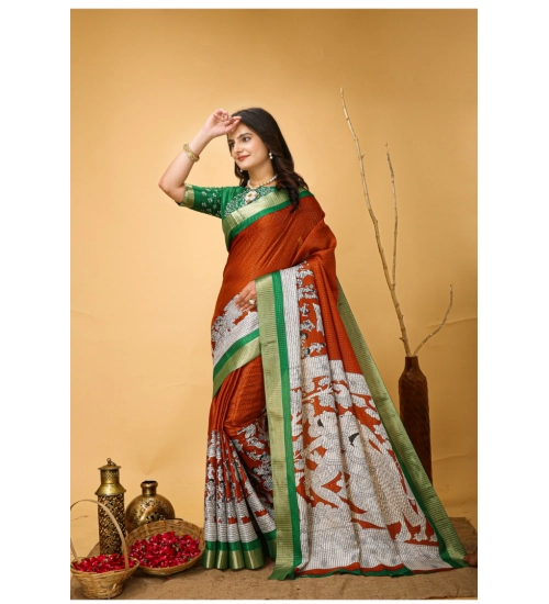 Women's Soft Handloom Cotton Kalamkari Printed Saree With Unstitched Blouse 5.5Mtr (Orange)