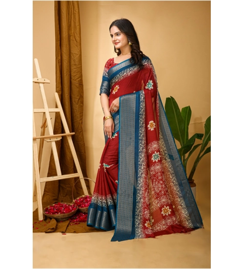 Women's Soft Blooming Marshmallow Fabric Kalamkari Printed Saree With Unstitched Blouse 5.5Mtr (Red)