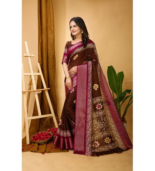 Women's Soft Blooming Marshmallow Fabric Kalamkari Printed Saree With Unstitched Blouse 5.5Mtr (Maroon)
