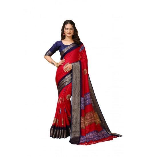Women's Soft Blooming Marshmallow Fabric Kalamkari Printed Saree With Unstitched Blouse 5.5Mtr (Red)