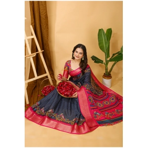 Generic Women's Soft Dola Cotton Kalamkari Printed Saree With Unstitched Blouse 5.5Mtr (Grey)
