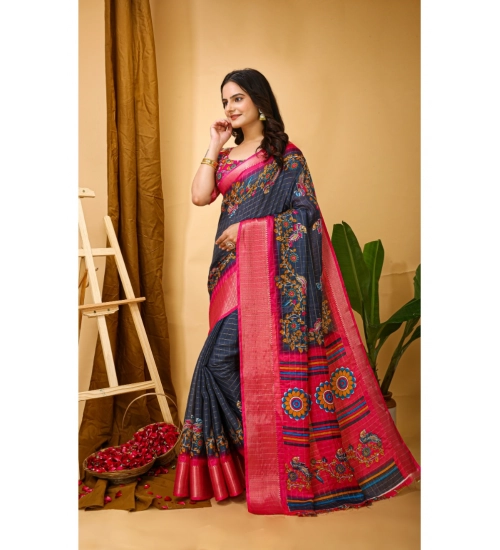 Women's Soft Dola Cotton Kalamkari Printed Saree With Unstitched Blouse 5.5Mtr (Grey)