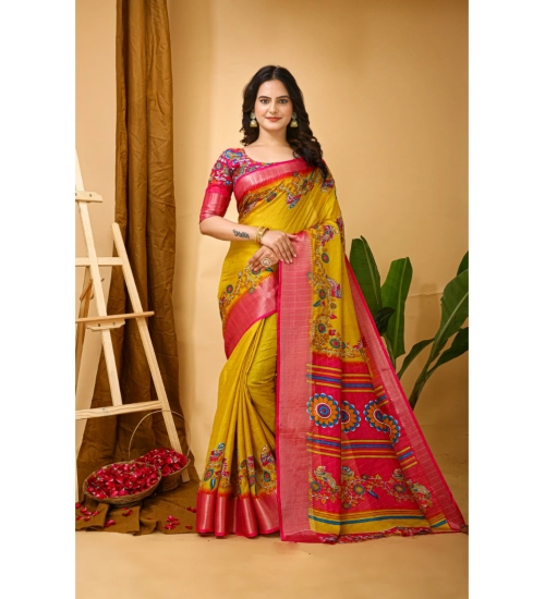 Women's Soft Dola Cotton Kalamkari Printed Saree With Unstitched Blouse 5.5Mtr (Yellow) Women's Soft Dola Cotton Kalamkari Printed Saree With Unstitched Blouse 5.5Mtr (Yellow)