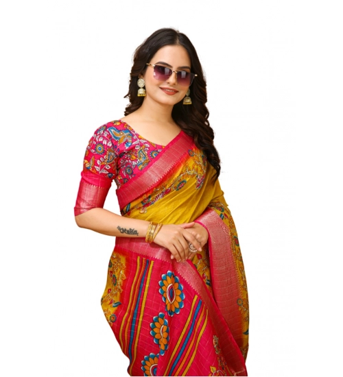 Women's Soft Dola Cotton Kalamkari Printed Saree With Unstitched Blouse 5.5Mtr (Yellow)
