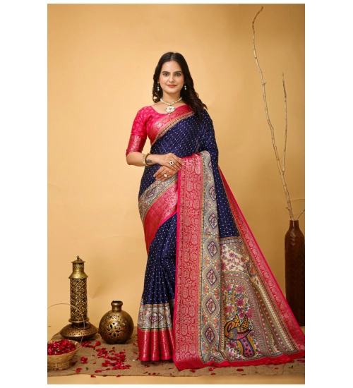 Women's Soft Dola Cotton Kalamkari Printed Saree With Unstitched Blouse 5.5Mtr (Navy Blue)