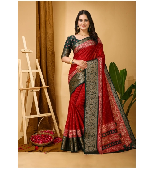 Women's Soft Dola Cotton Kalamkari Printed Saree With Unstitched Blouse 5.5Mtr (Red)