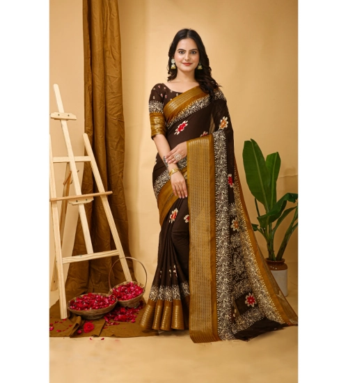 Women's Soft Blooming Marshmallow Fabric Kalamkari Printed Saree With Unstitched Blouse 5.5Mtr (Brown)