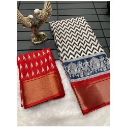 Women's Soft Dola Cotton Kalamkari Printed Saree With Unstitched Blouse 5.5Mtr (Red)