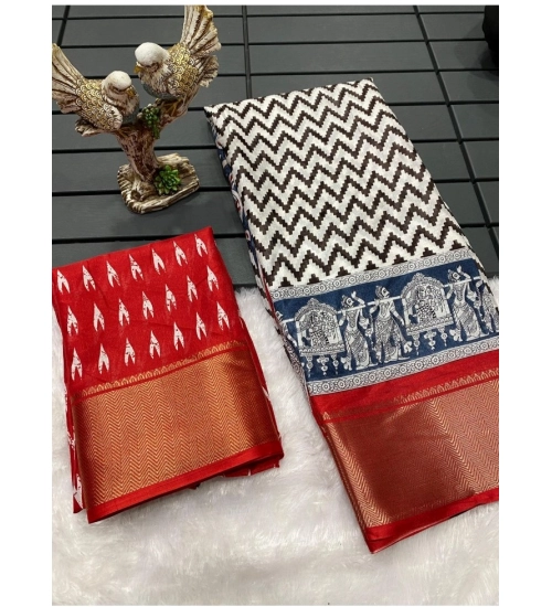 Women's Soft Dola Cotton Kalamkari Printed Saree With Unstitched Blouse 5.5Mtr (Red)