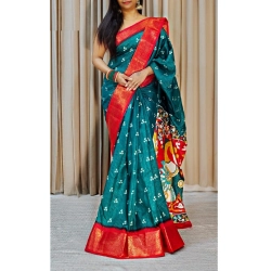 Women's Soft Dola Cotton Kalamkari Printed Saree With Unstitched Blouse 5.5Mtr (Blue)