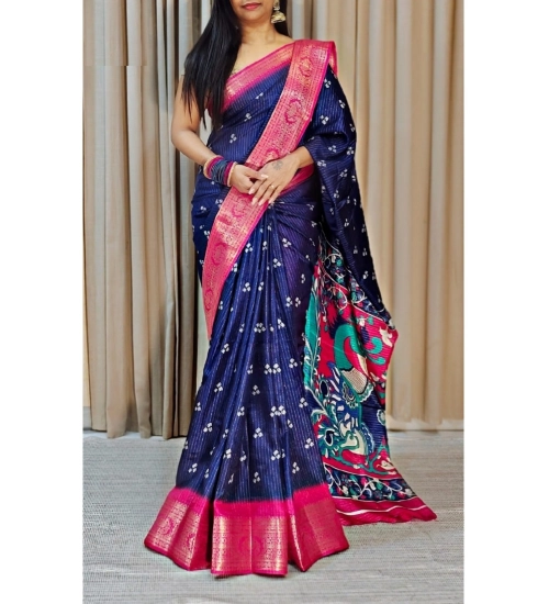 Women's Soft Dola Cotton Kalamkari Printed Saree With Unstitched Blouse 5.5Mtr (Navy Blue)