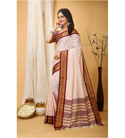 Women's Soft Cotton Silk Printed Saree With Unstitched Blouse 5.5Mtr (Maroon)