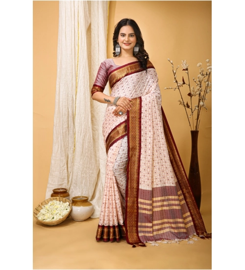 Women's Soft Cotton Silk Printed Saree With Unstitched Blouse 5.5Mtr (Maroon)