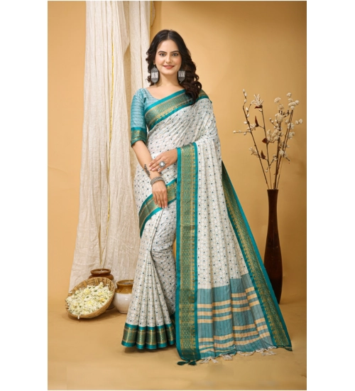 Women's Soft Cotton Silk Printed Saree With Unstitched Blouse 5.5Mtr (Rama Green)